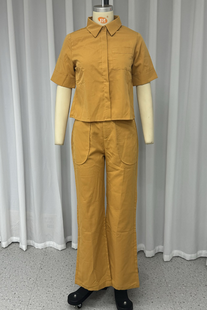 Casual Daily Solid Color Pocket Turndown Collar Short Sleeve Two Pieces