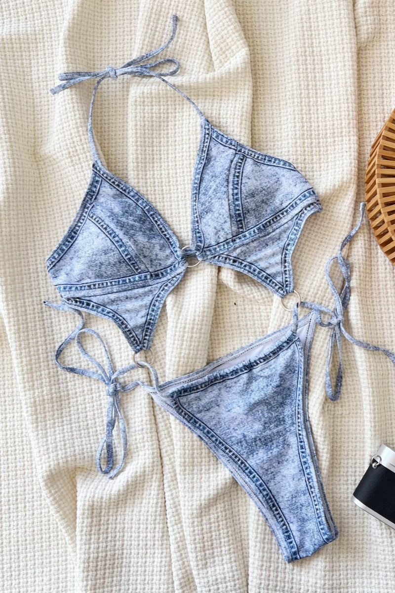 Sexy Faux Denim Print Backless Belted Swimwears (With Paddings)