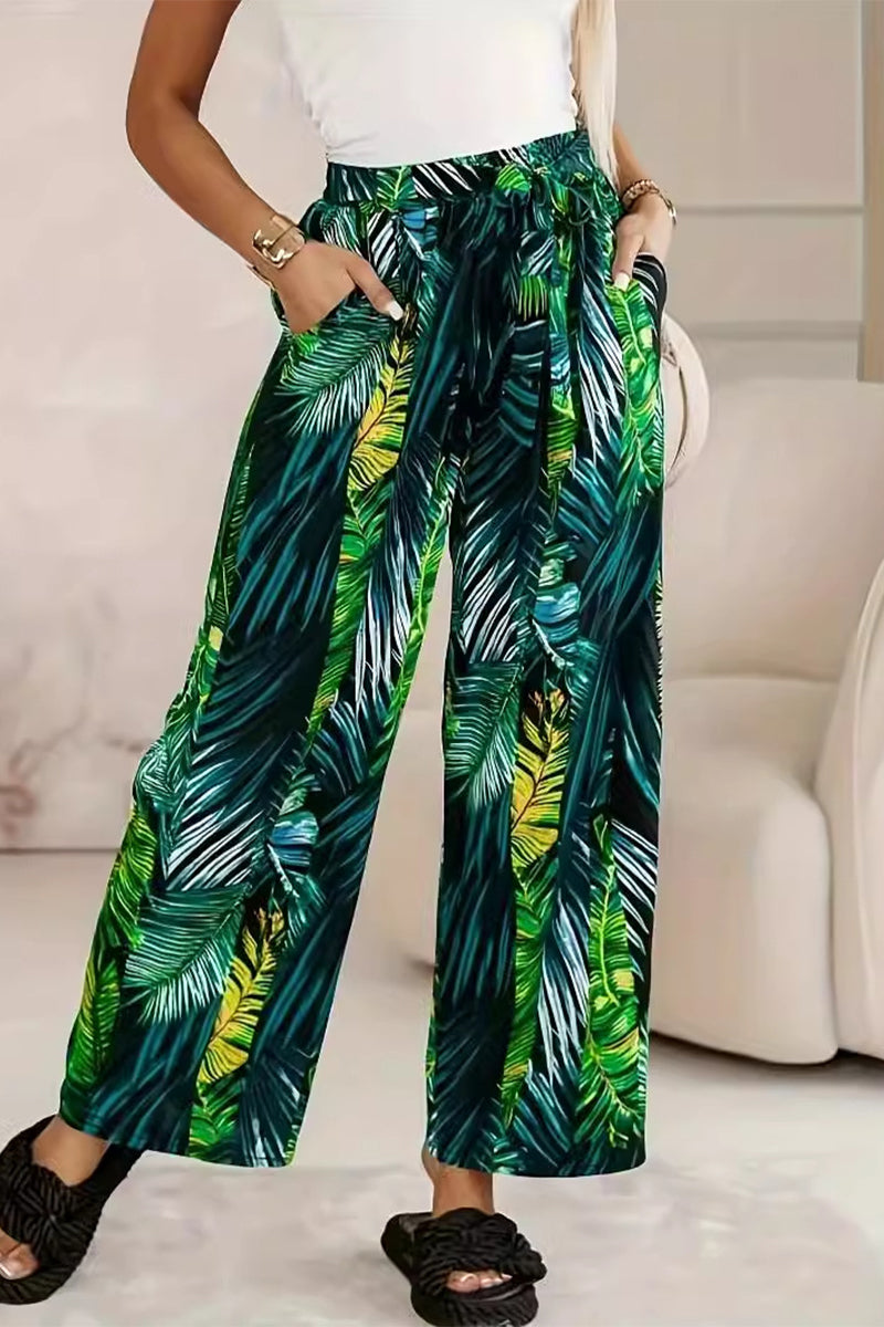 Casual Vacation Leaf Print Pocket Contrast Loose High Waist Straight Full Print Bottoms