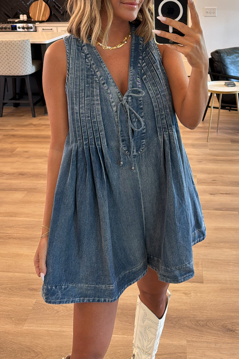 Casual Daily Solid Color Distressed Lace Up V Neck Sleeveless Loose Denim Jumpsuits