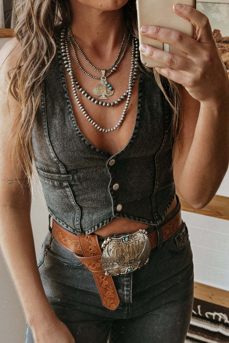 Sexy Hot Solid Color Distressed Buckle V Neck Sleeveless Regular Denim Jacket(3 Colors)