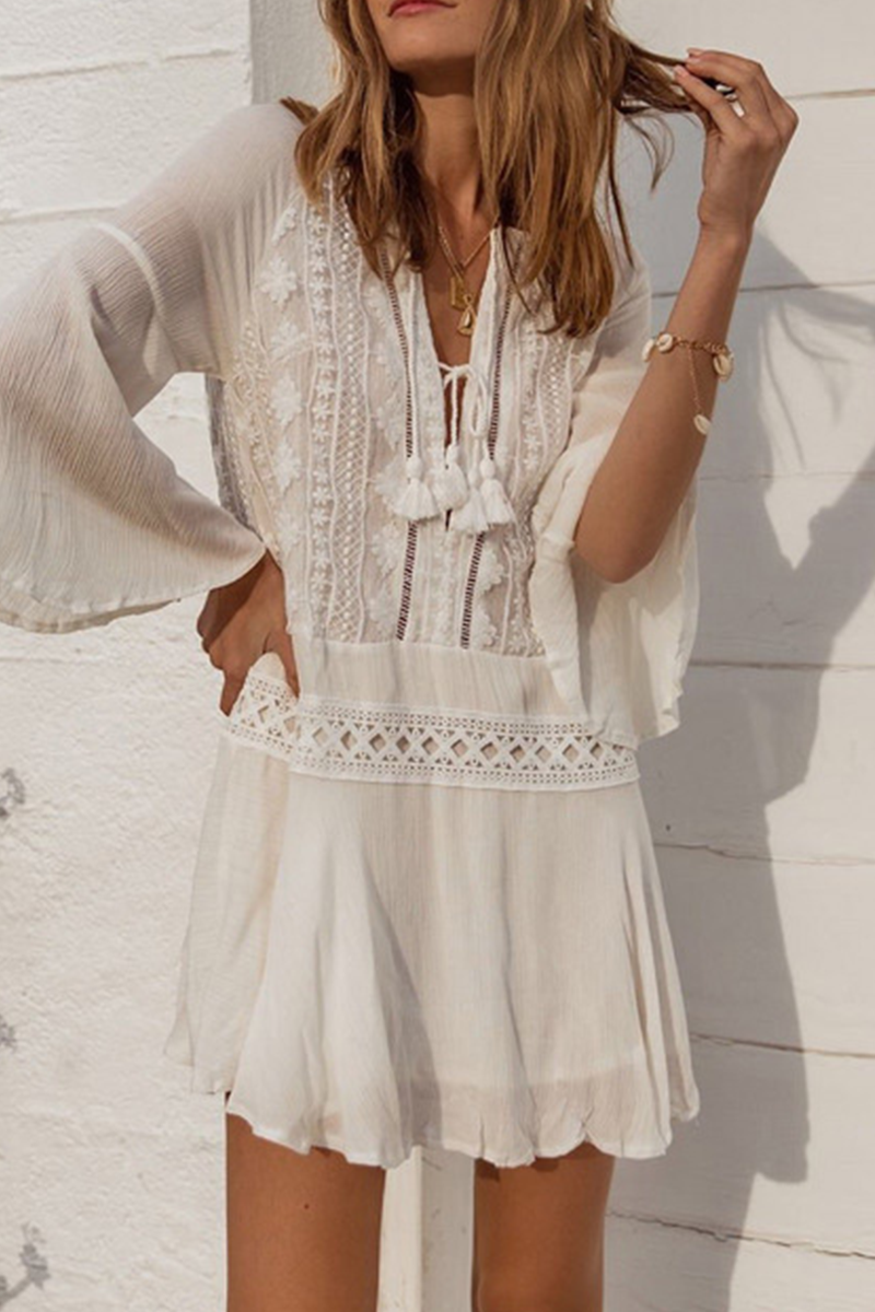 Sexy Vacation Lace Fringed Trim Swimwears Cover Up