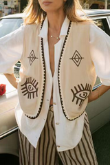 Casual Colorblock Patchwork Embroidery Cardigan Collar Tops