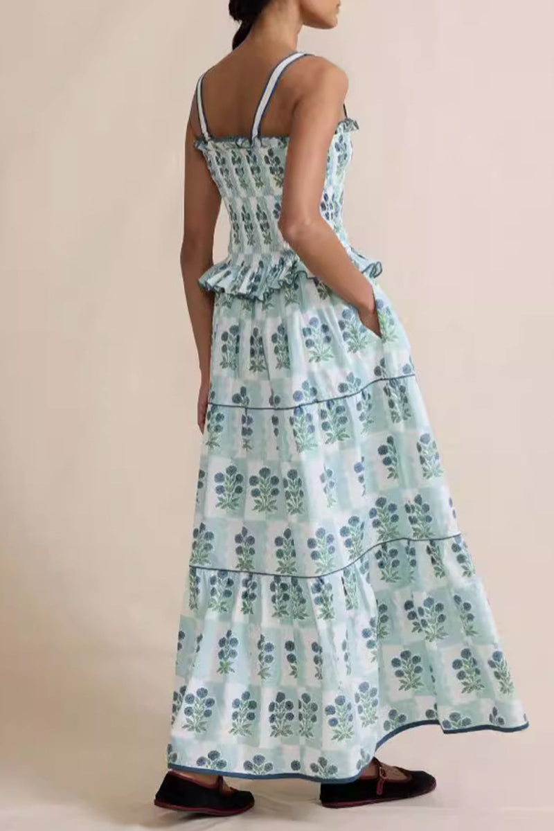 Vacation Elegant Flowers Print Ruffle Strapless Ball Gown Dresses(3 Colors)