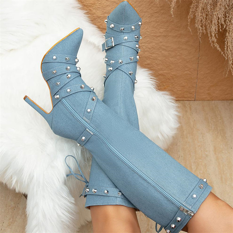 Casual Rivets Patchwork Zipper Pointed Out Door Shoes (Heel Height 3.93in)