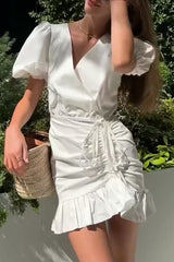 Casual Daily Solid Color Draw String Ruffle Ruched V Neck A Line Dresses