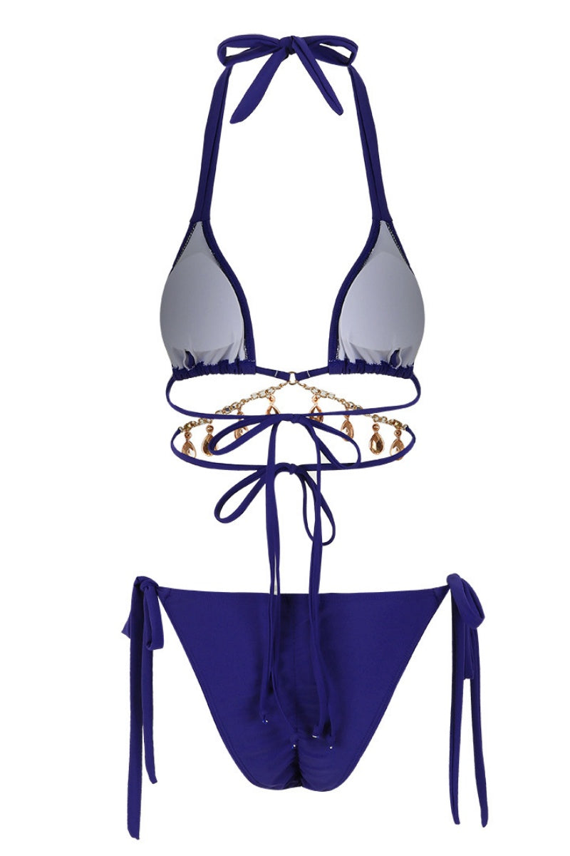 Sexy Solid Color Fringed Trim Patchwork Backless Belted Swimwears (With Paddings)