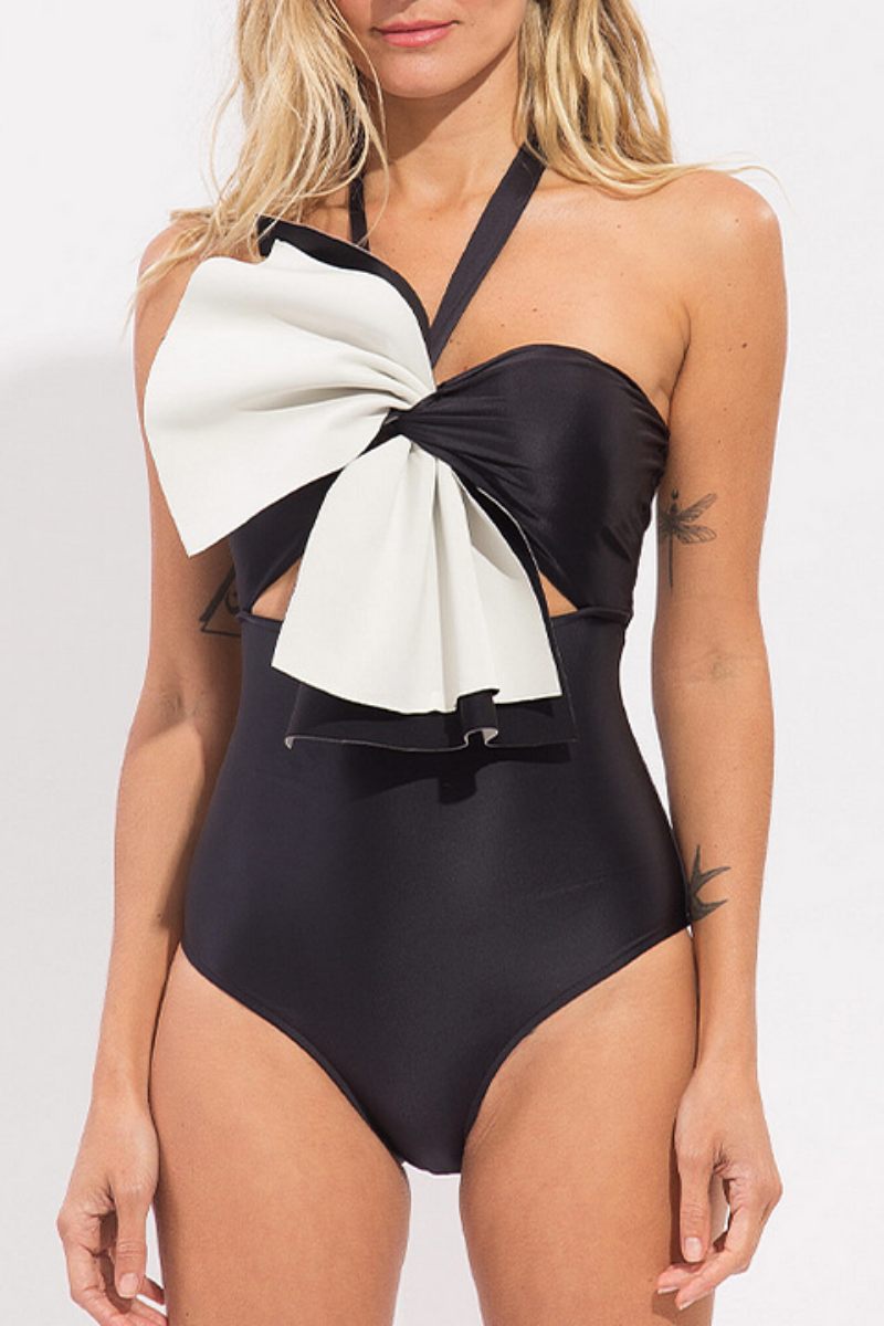 Sexy Patchwork Backless Bow Decor Belted Swimwears