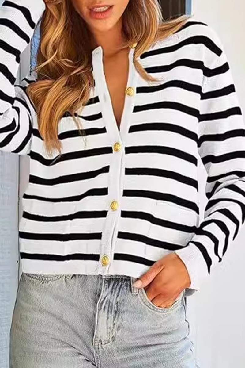 Casual Daily Stripe Buttons Weave O Neck Outerwear(8 Colors)