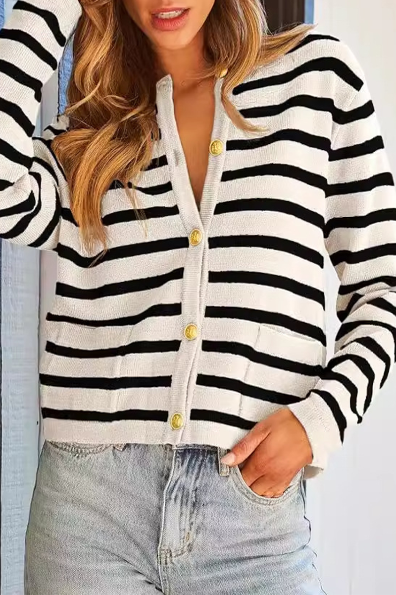 Casual Daily Stripe Buttons Weave O Neck Outerwear(8 Colors)