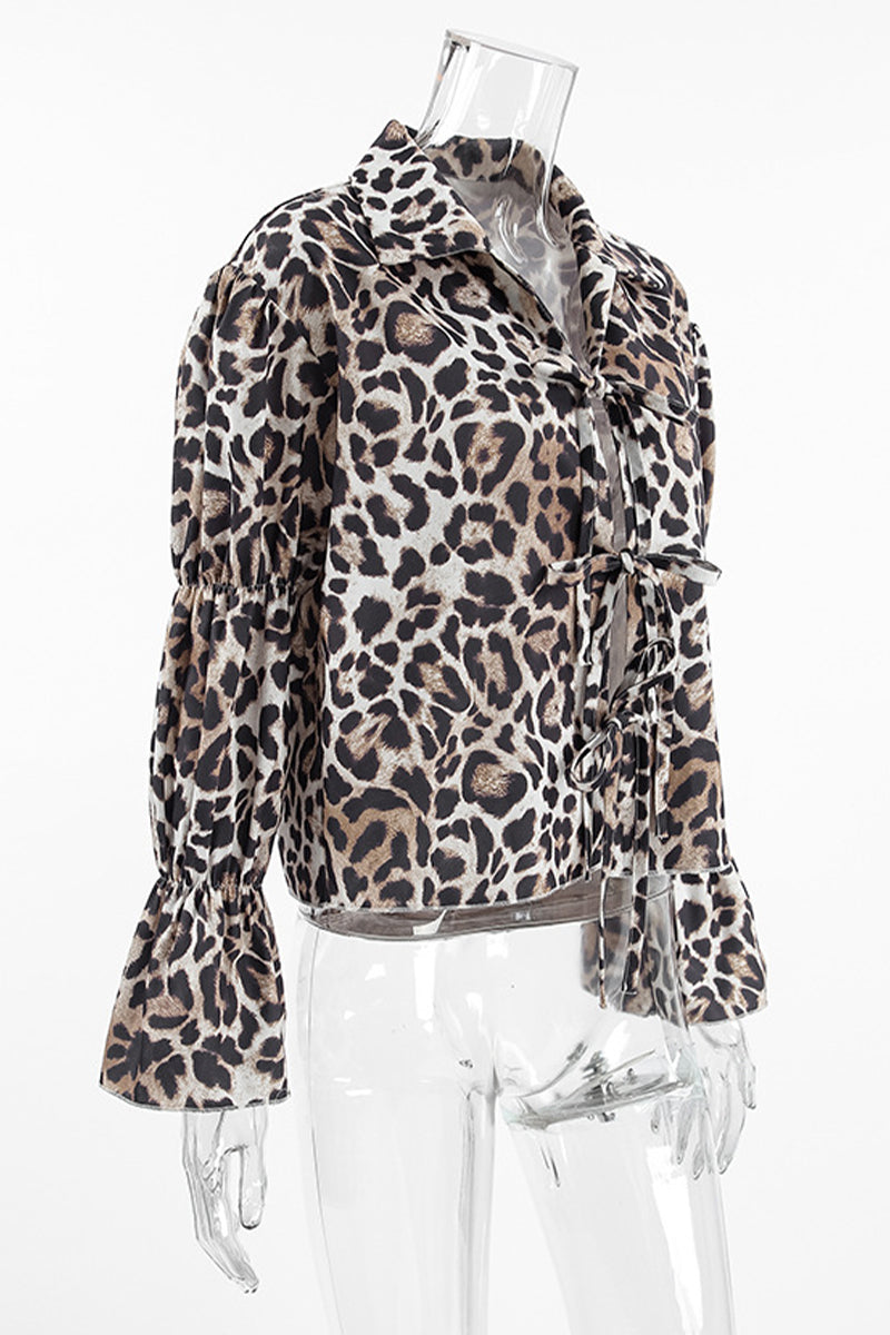 Casual Street Leopard Print Lace Up Turndown Collar Blouses