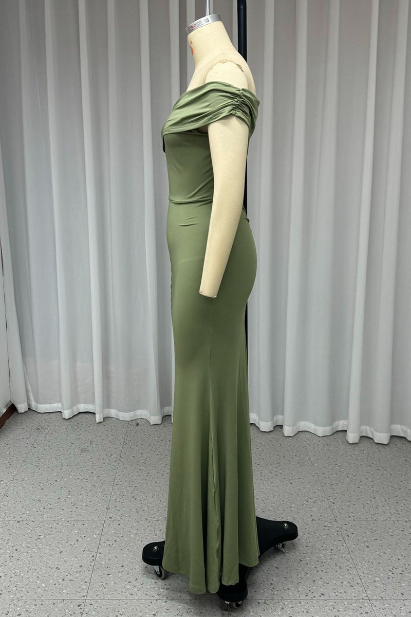 Sexy Prom Solid Color Slit Ruched Sloping Shoulder Evening Dresses