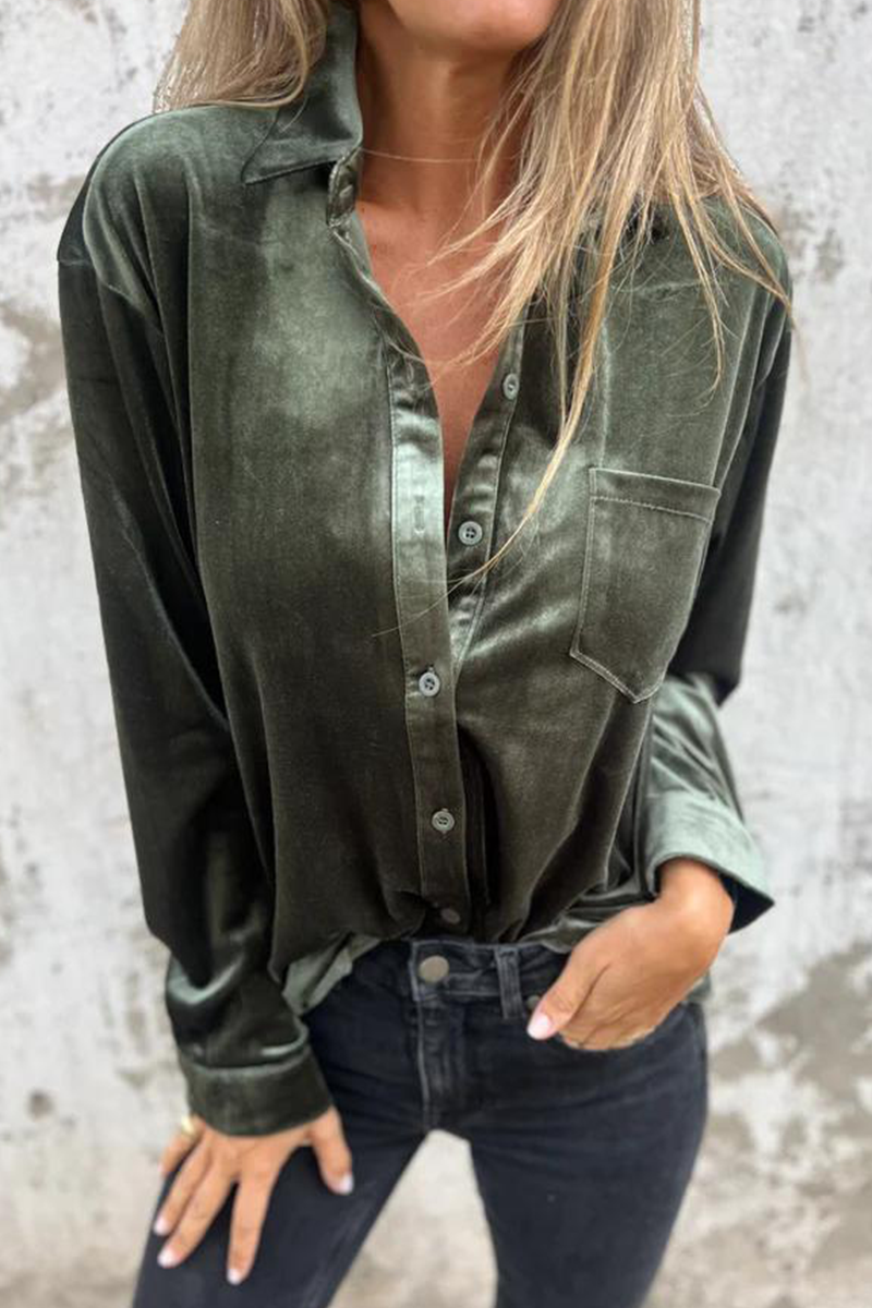 Casual Pocket Buckle Turndown Collar Blouses(3 Colors)