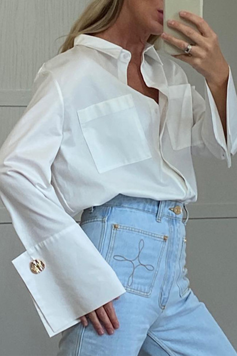 Casual Street Pocket Buttons Turndown Collar Blouses