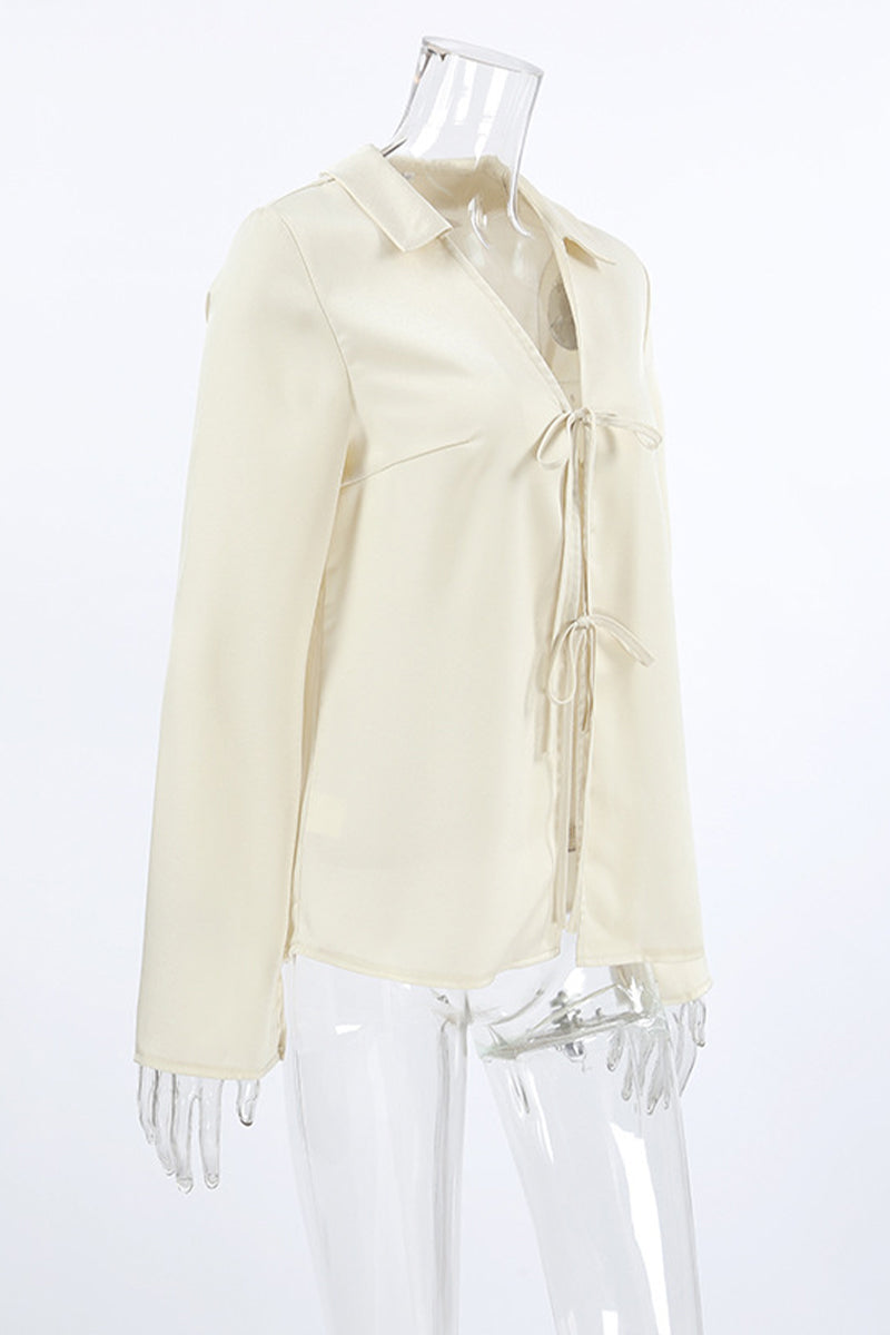 Sexy Solid Color Lace Up Turndown Collar Blouses