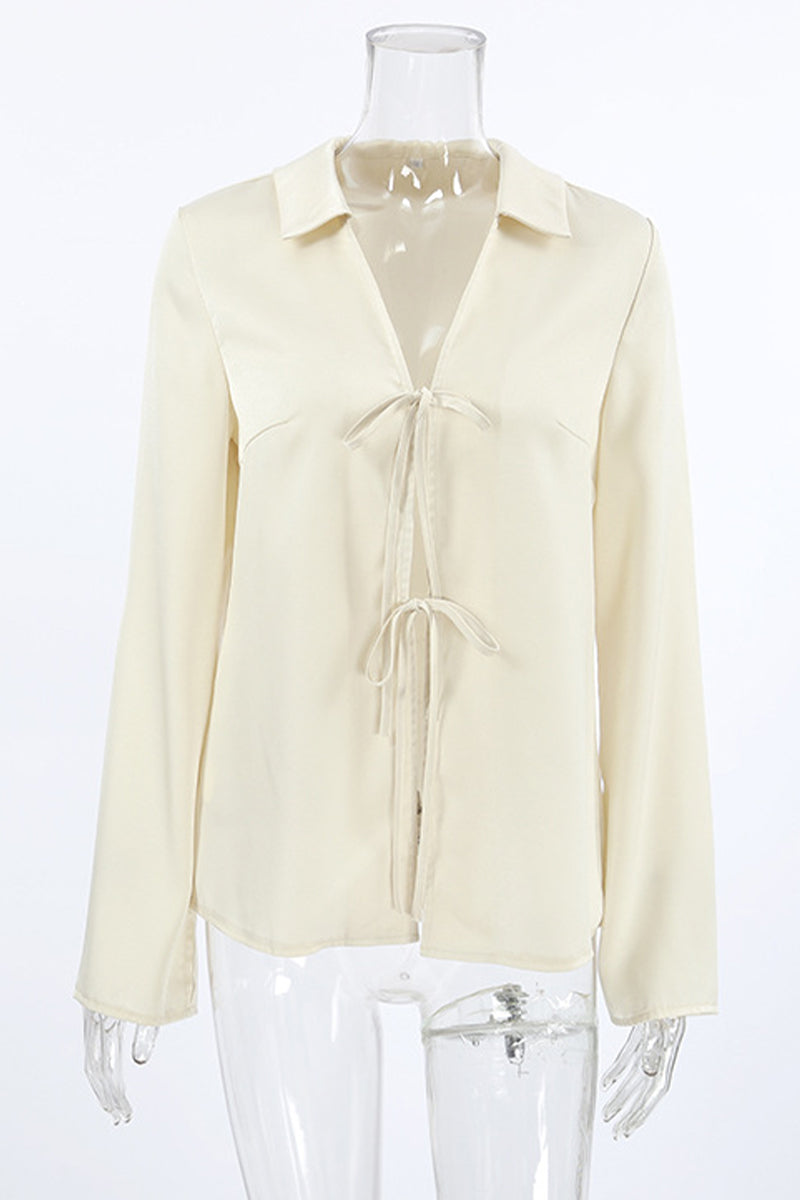 Sexy Solid Color Lace Up Turndown Collar Blouses