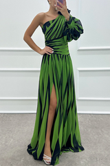 Sexy Prom Striped Print Slit Irregular Sloping Shoulder Evening Dresses(4 Colors)