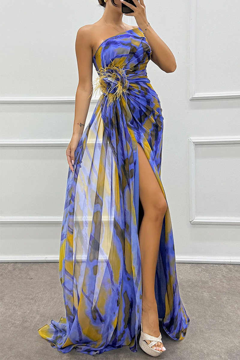 Sexy Prom Ombre Print Slit Irregular Contrast Sloping Shoulder Evening Dresses(5 Colors)