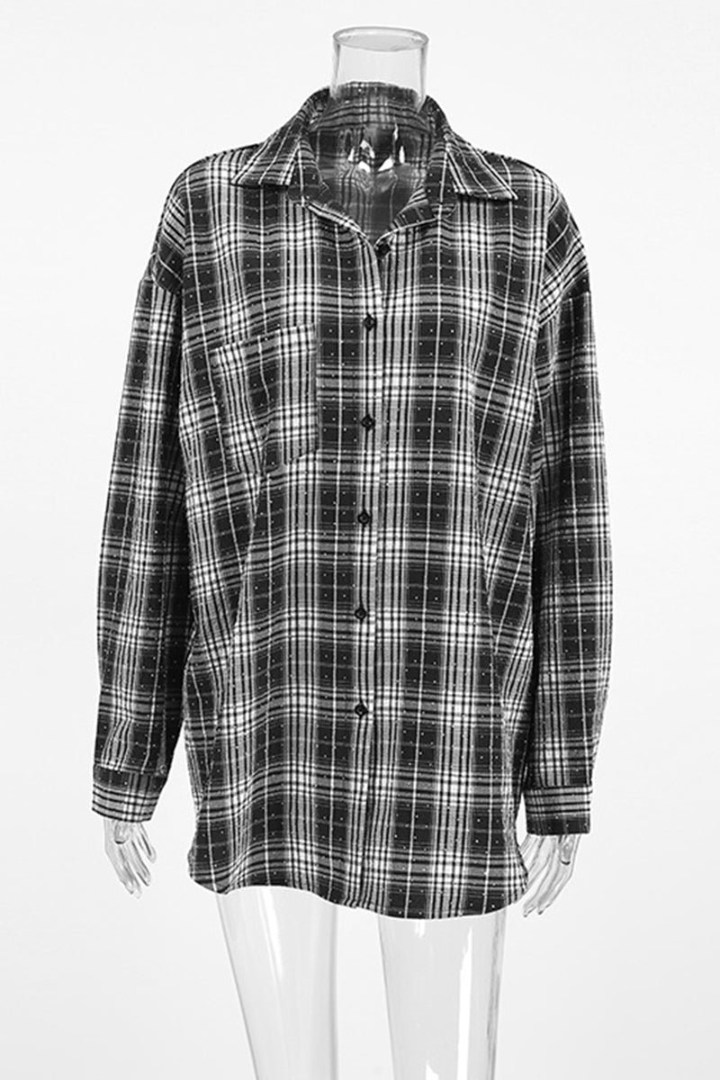 Street Daily Plaid Hot Drill Contrast Turndown Collar Blouses