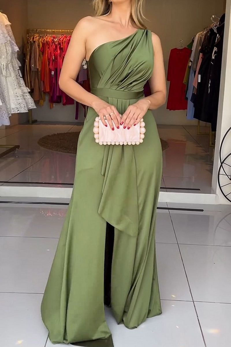 Sexy Slit Ruched Sloping Shoulder Evening Dresses