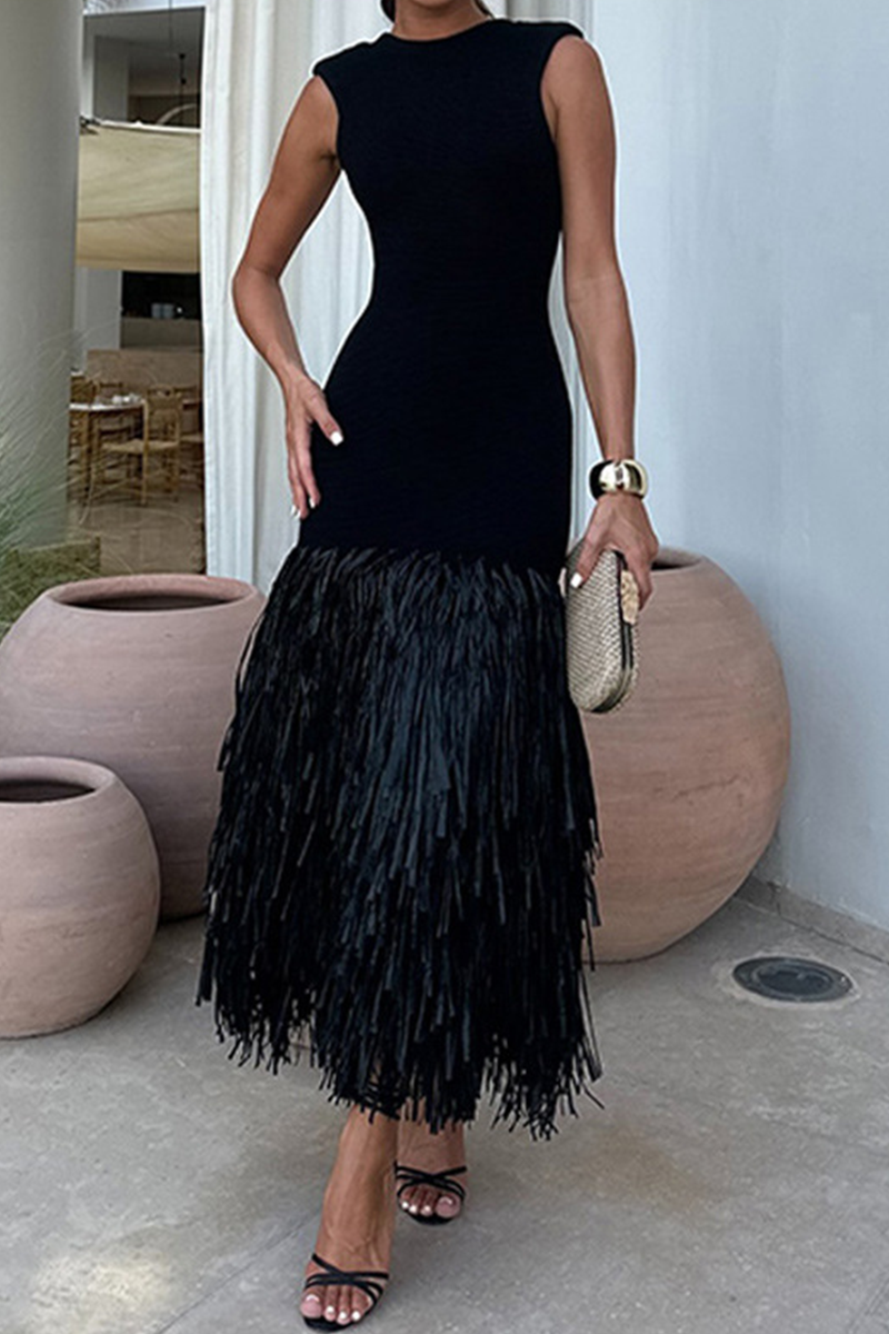 Casual Party Fringed Trim O Neck Sleeveless Dresses