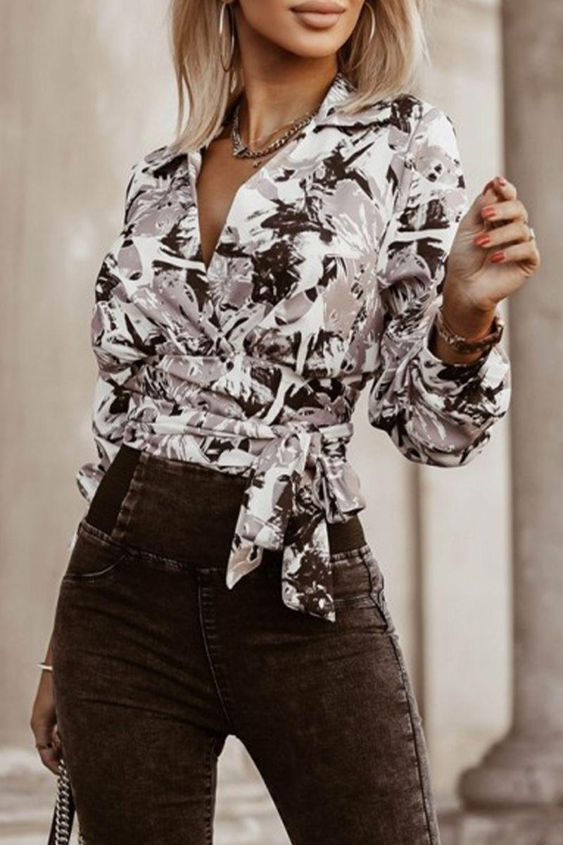 Casual Geometric Print Lace Up Turndown Collar Blouses