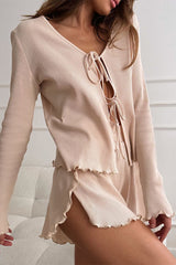 Casual Daily Lace Up Ruffle V Neck Long Sleeve Two Pieces