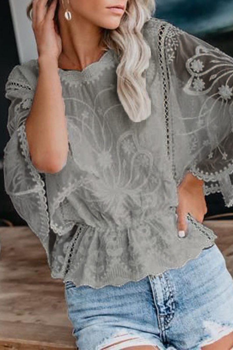 Casual Solid Color Lace O Neck Blouses(5 Colors)