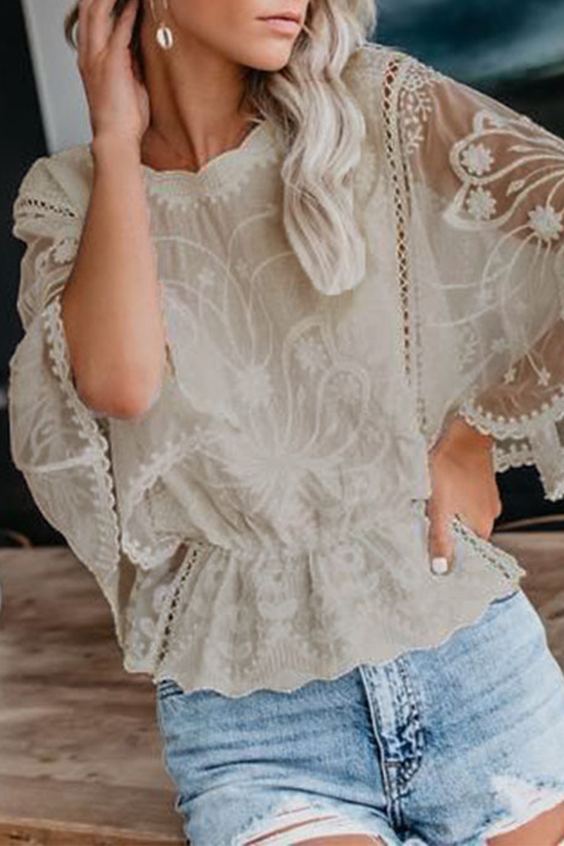 Casual Solid Color Lace O Neck Blouses(5 Colors)