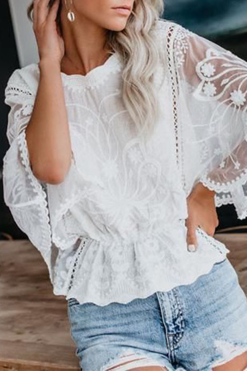 Casual Solid Color Lace O Neck Blouses(5 Colors)