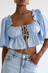 Sexy Daily Plaid Lace Up Patchwork Blouses