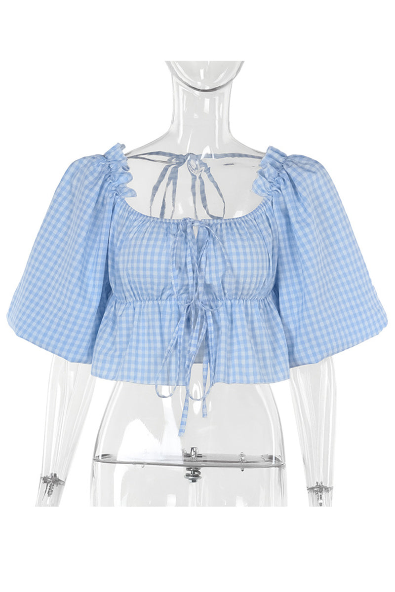 Sexy Daily Plaid Lace Up Patchwork Blouses