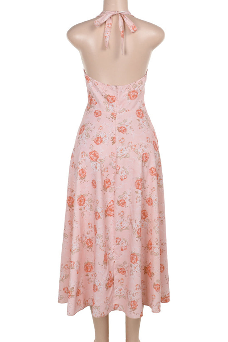 Sexy Vacation Flowers Backless Halter Sleeveless Dresses