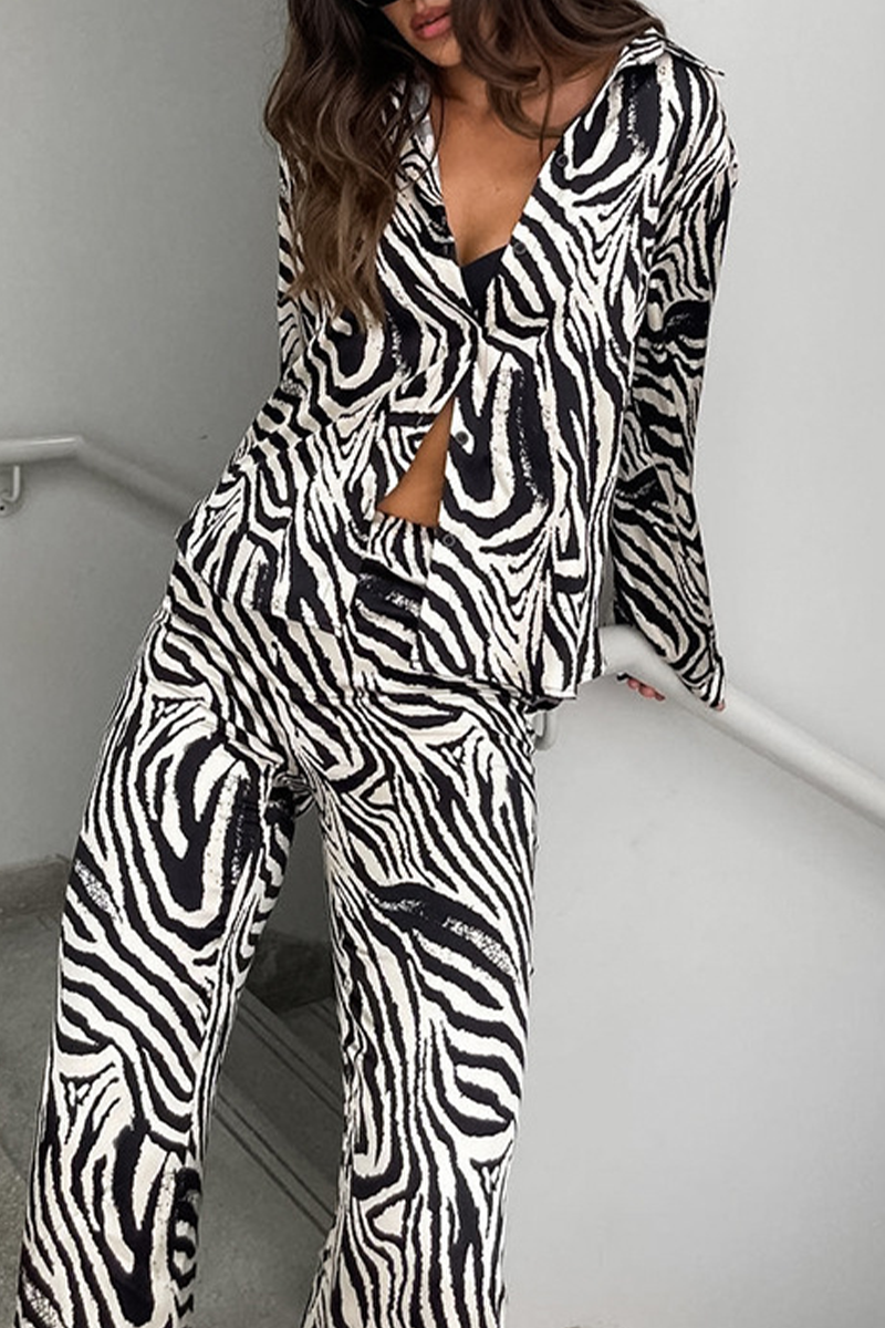 Casual Vacation Zebra Print Pocket Contrast Turndown Collar Long Sleeve Two Pieces