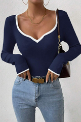 Casual Daily Solid Color Contrast V Neck Tops(5 Colors)