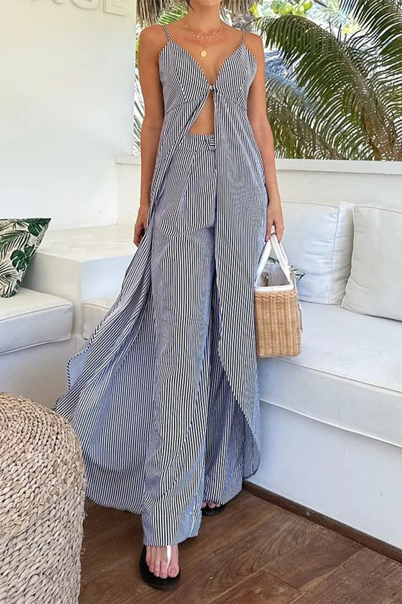 Sexy Vacation Stripe Patchwork Slit V Neck Sleeveless Two Pieces