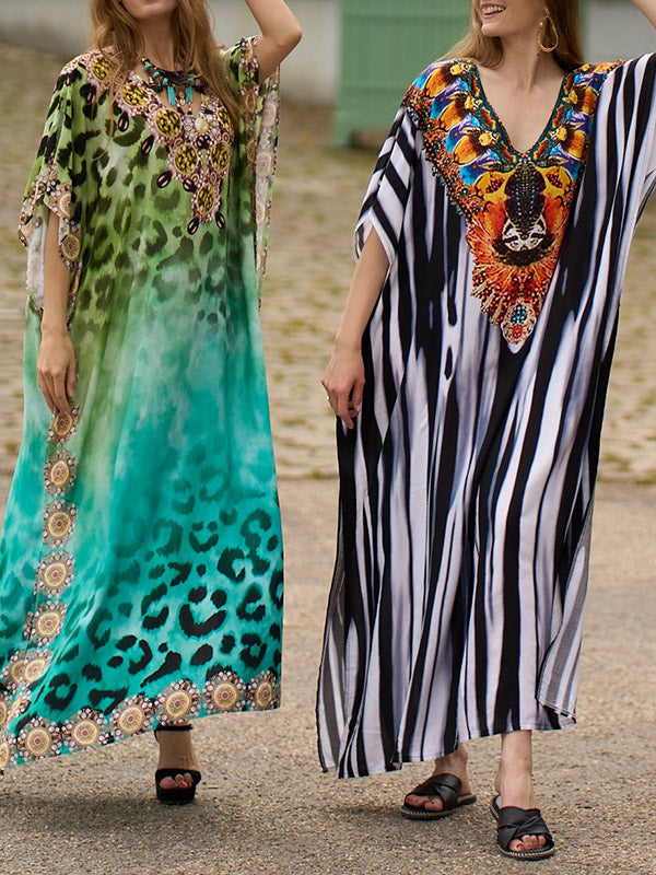 Batwing Sleeves Loose Leopard Printed Split-Side V-Neck Beach Cover-Up Maxi Dresses