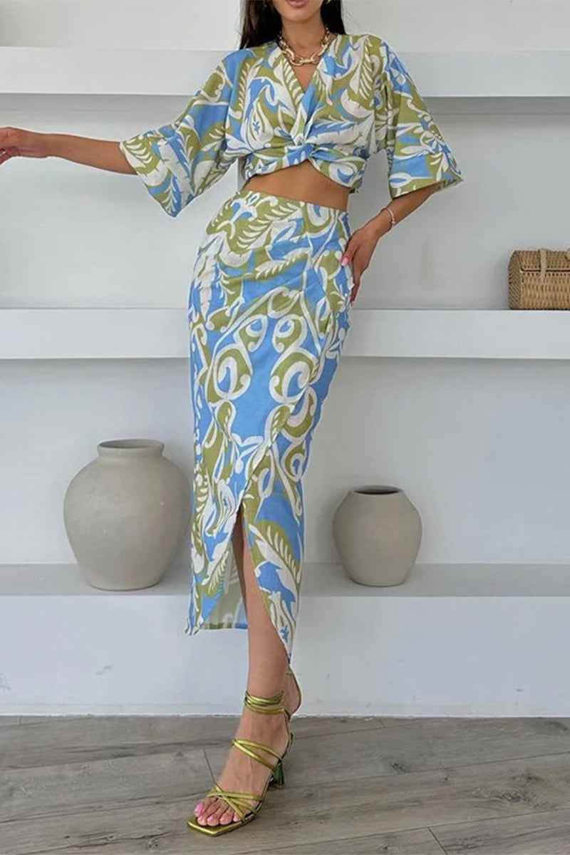 Sexy Casual Vacation Floral Print Slit V Neck Half Sleeve Two Pieces