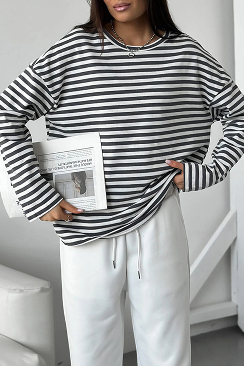 Casual Stripe Contrast O Neck Tops