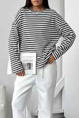 Casual Stripe Contrast O Neck Tops