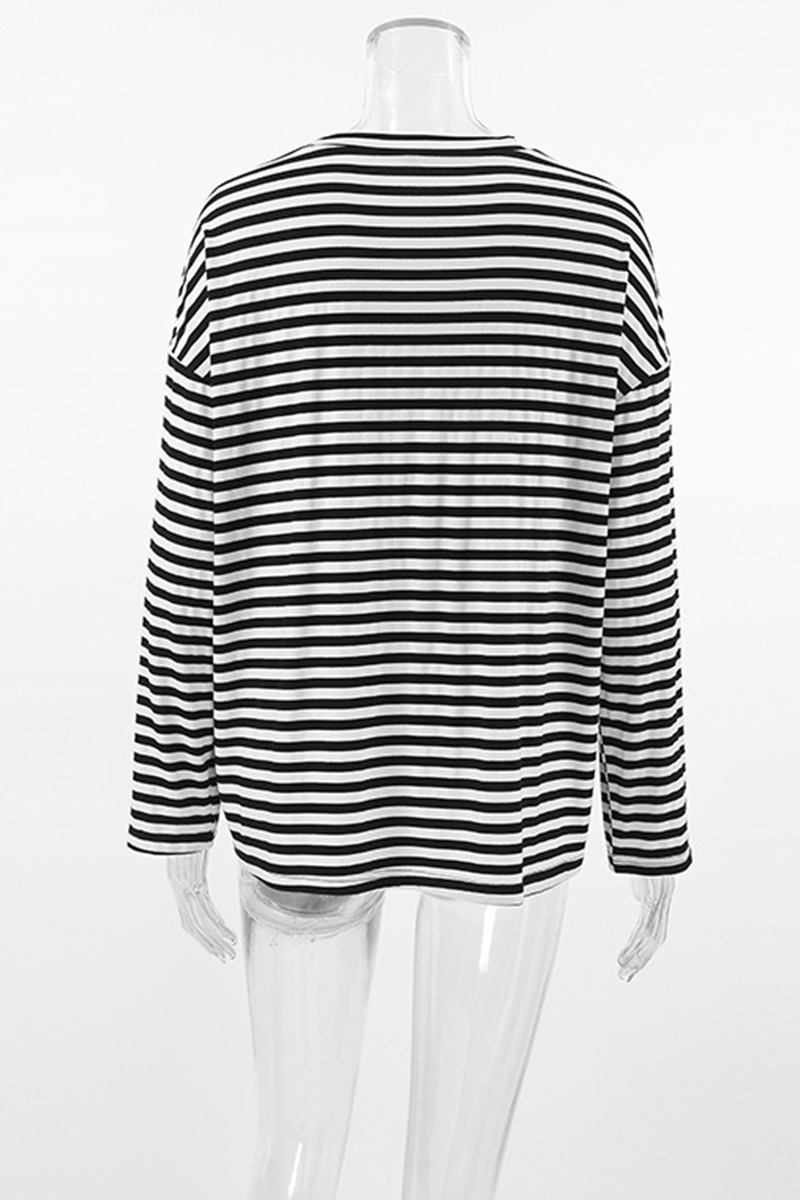 Casual Stripe Contrast O Neck Tops