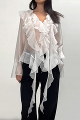 Elegant Solid Color See-Through Ruffle Lotus Leaf Collar Tops