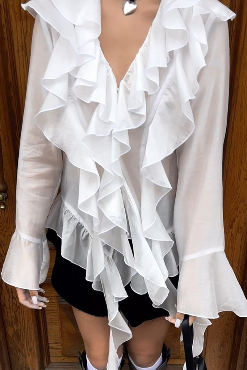 Elegant Solid Color See-Through Ruffle Lotus Leaf Collar Tops