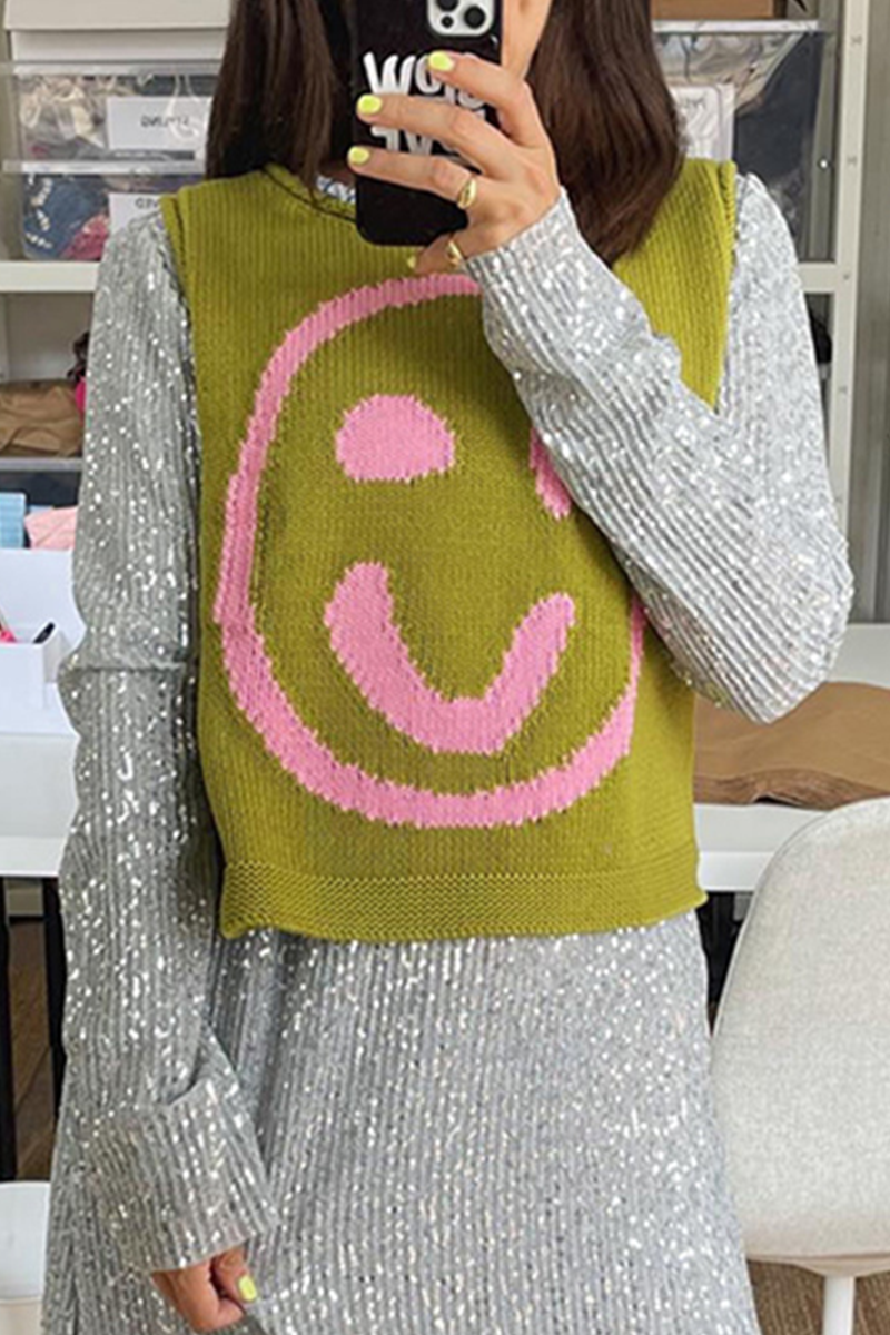 Casual Smiley Face Weave Contrast O Neck Tops(5 Colors)