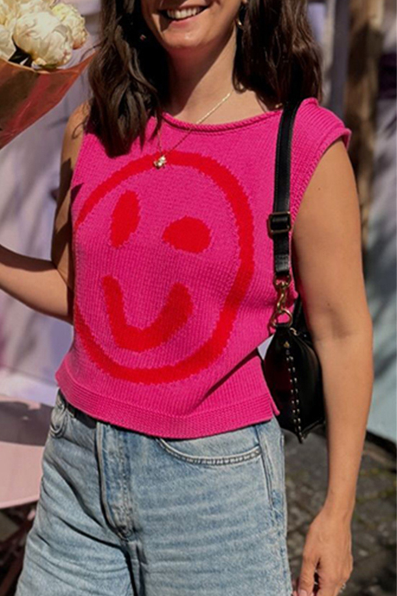 Casual Smiley Face Weave Contrast O Neck Tops(5 Colors)