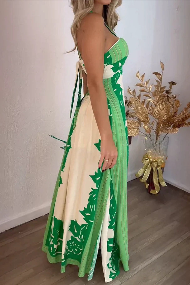 Sexy Vacation Print Lace Up Backless Slit Halter Long Dresses(4 Colors)