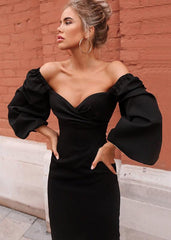 Puff Sleeve Elegant Midi Dress - Waist-Cinching Silhouette