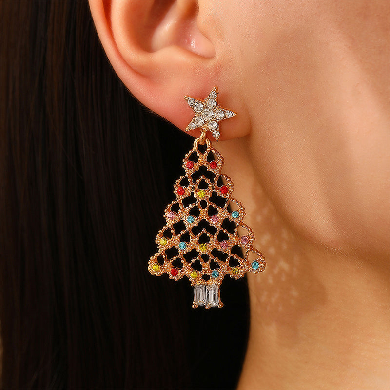 Daily Christmas Tree Hollow Out Rhinestone Decor Earrings(9 Colors)