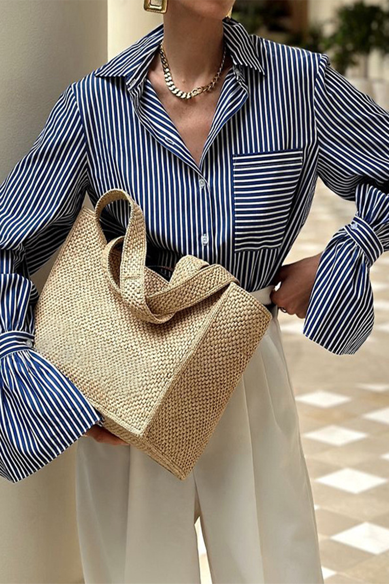 Casual Stripe Pocket Patchwork Contrast Turndown Collar Tops