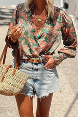 Casual Floral Print Contrast Turndown Collar Blouses